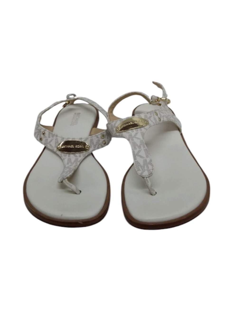 Michael Kors White Logo T-Strap Thong Sandals with Gold Accents
